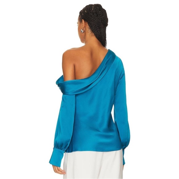 Simkhai Alice Off Shoulder Blouse Draped Satin Long Sleeve Phthalo Blue XS NWT - Picture 2 of 15